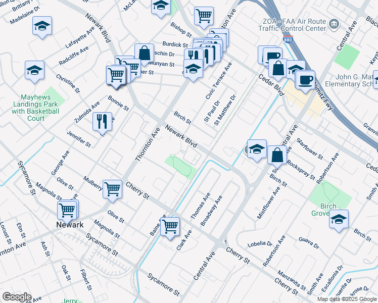 map of restaurants, bars, coffee shops, grocery stores, and more near 6140 Civic Terrace Avenue in Newark