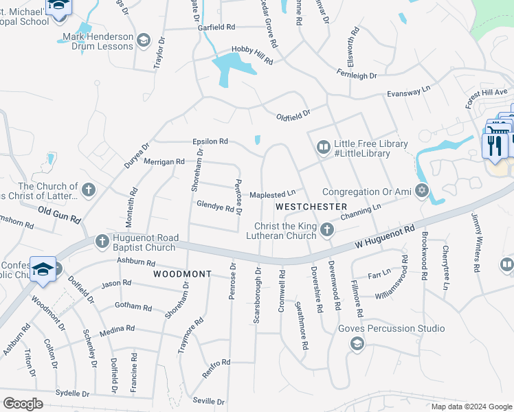 map of restaurants, bars, coffee shops, grocery stores, and more near 2828 Scarsborough Drive in Richmond