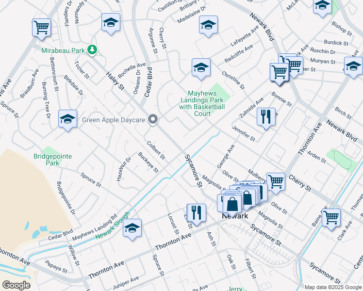 map of restaurants, bars, coffee shops, grocery stores, and more near 36466 Haley Street in Newark