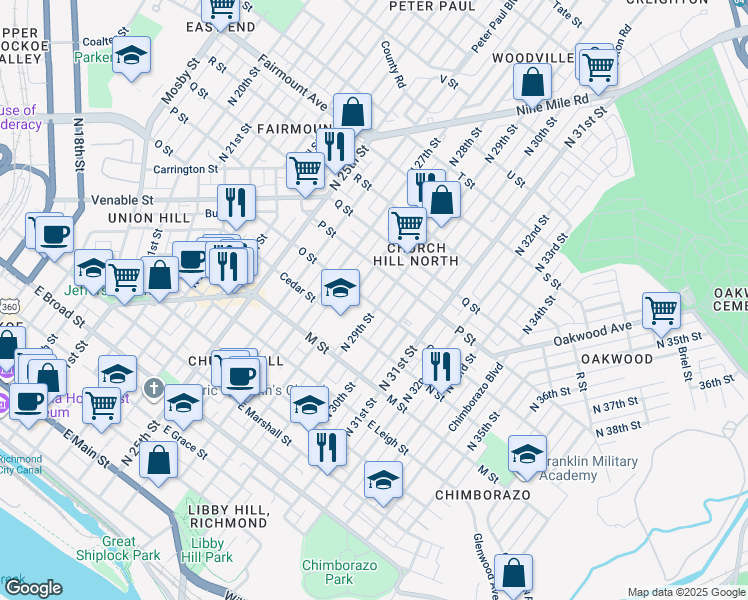 map of restaurants, bars, coffee shops, grocery stores, and more near 813 North 29th Street in Richmond