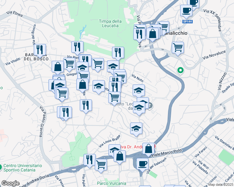 map of restaurants, bars, coffee shops, grocery stores, and more near 57 Via Pietra dell'Ova in Catania