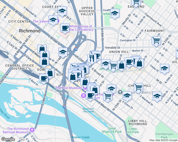 map of restaurants, bars, coffee shops, grocery stores, and more near 211 North 18th Street in Richmond