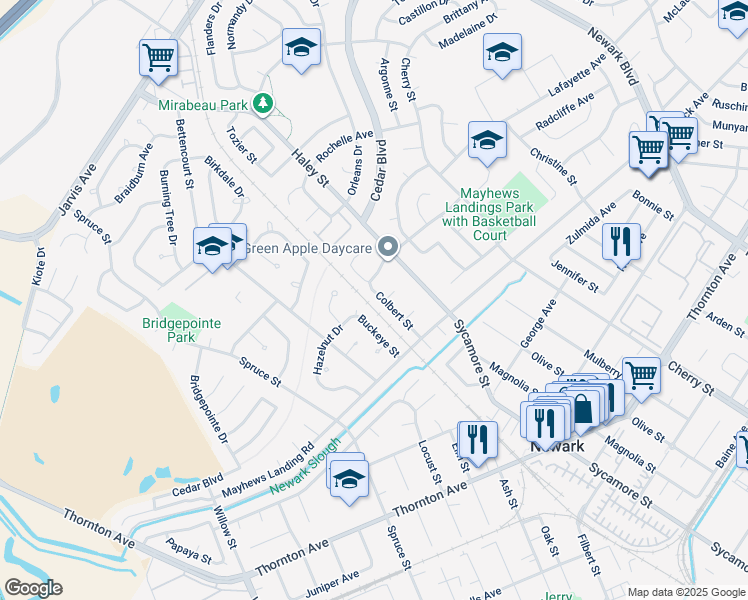 map of restaurants, bars, coffee shops, grocery stores, and more near 36383 Colbert Street in Newark