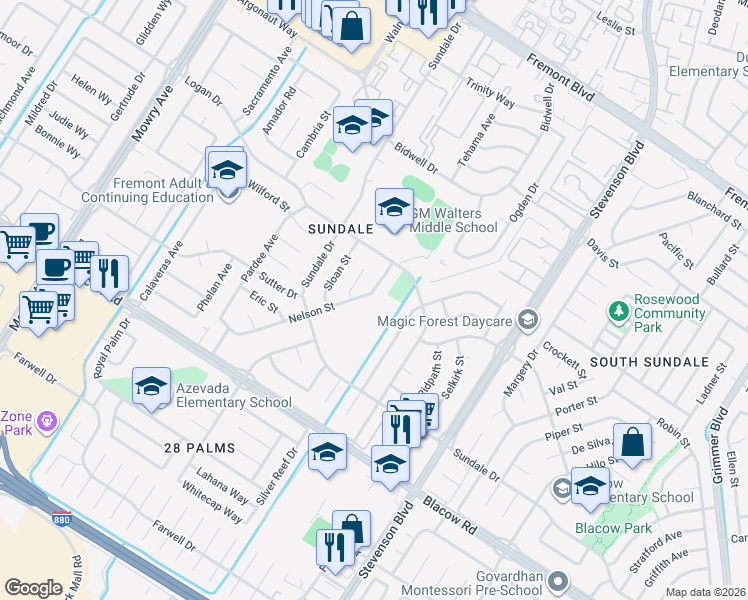map of restaurants, bars, coffee shops, grocery stores, and more near 4636 Nelson Street in Fremont