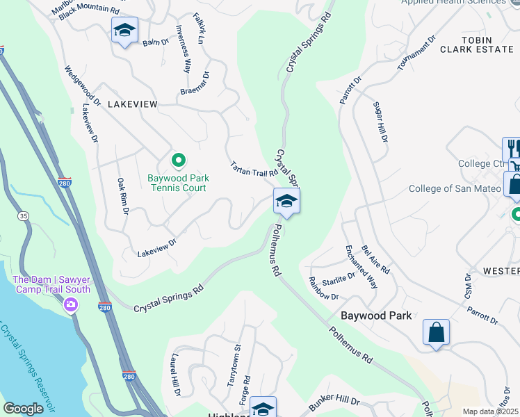 map of restaurants, bars, coffee shops, grocery stores, and more near 1075 Lakeview Drive in Hillsborough