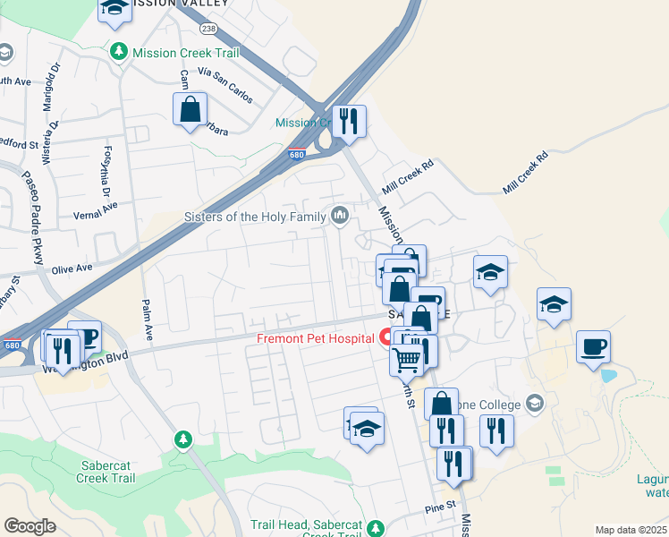 map of restaurants, bars, coffee shops, grocery stores, and more near 401 Emerson Street in Fremont