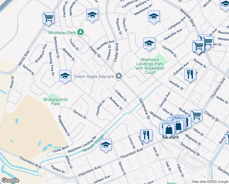 map of restaurants, bars, coffee shops, grocery stores, and more near 36383 Colbert Street in Newark