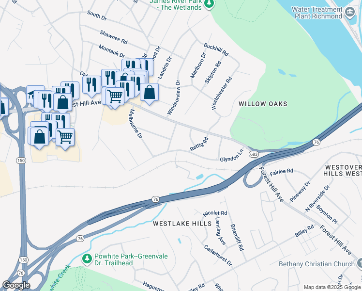 map of restaurants, bars, coffee shops, grocery stores, and more near 6416 Glyndon Lane in Richmond