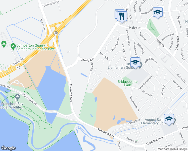map of restaurants, bars, coffee shops, grocery stores, and more near 36075 Crystal Springs Drive in Newark