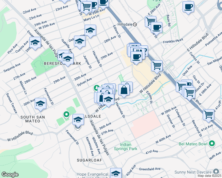map of restaurants, bars, coffee shops, grocery stores, and more near in San Mateo