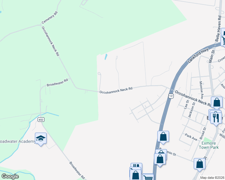 map of restaurants, bars, coffee shops, grocery stores, and more near 11203 Occohannock Neck Road in Exmore