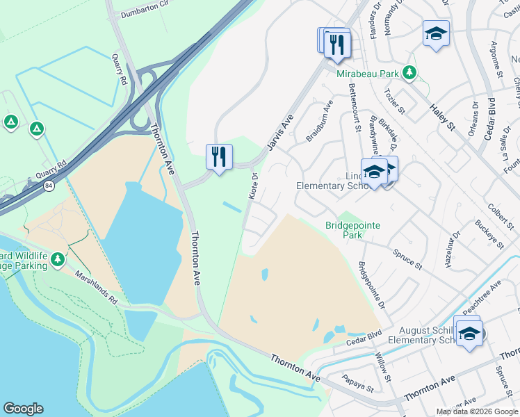 map of restaurants, bars, coffee shops, grocery stores, and more near 36075 Crystal Springs Drive in Newark
