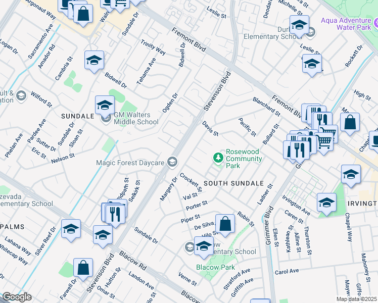 map of restaurants, bars, coffee shops, grocery stores, and more near 4431 Margery Drive in Fremont