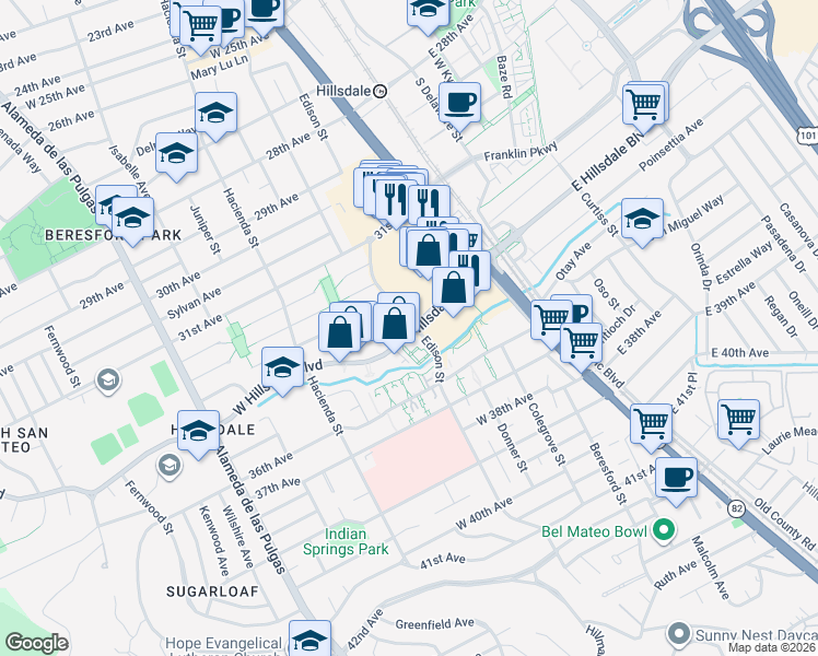 map of restaurants, bars, coffee shops, grocery stores, and more near 110 West Hillsdale Boulevard in San Mateo