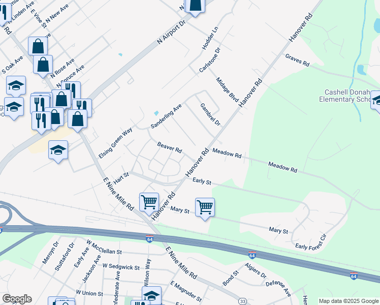 map of restaurants, bars, coffee shops, grocery stores, and more near 406 Adamson Street in Highland Springs