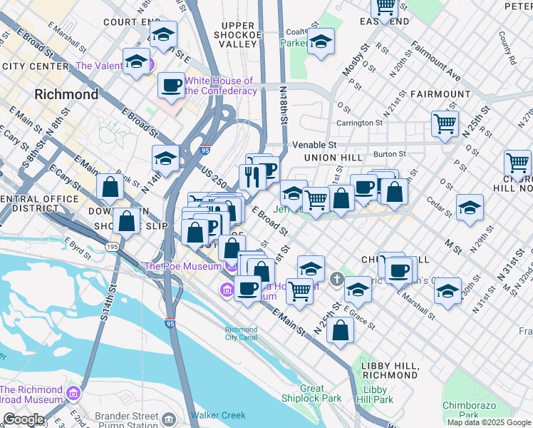 map of restaurants, bars, coffee shops, grocery stores, and more near 1805 East Broad Street in Richmond