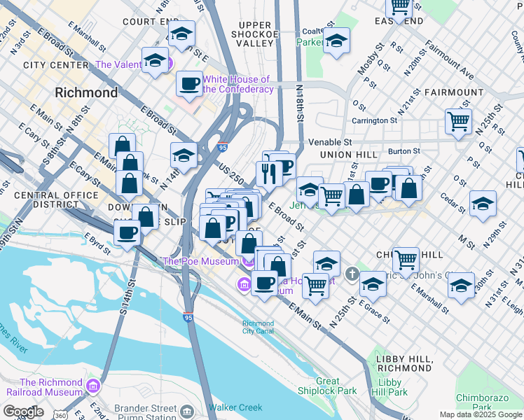map of restaurants, bars, coffee shops, grocery stores, and more near 1800 East Grace Street in Richmond