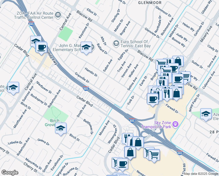 map of restaurants, bars, coffee shops, grocery stores, and more near 5360 Shelby Court in Fremont