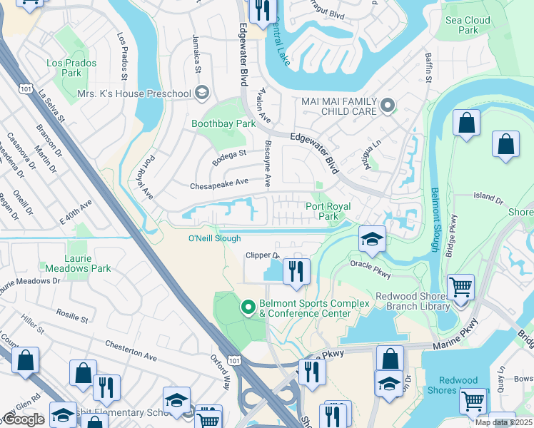 map of restaurants, bars, coffee shops, grocery stores, and more near 44 Rock Harbor Lane in Foster City