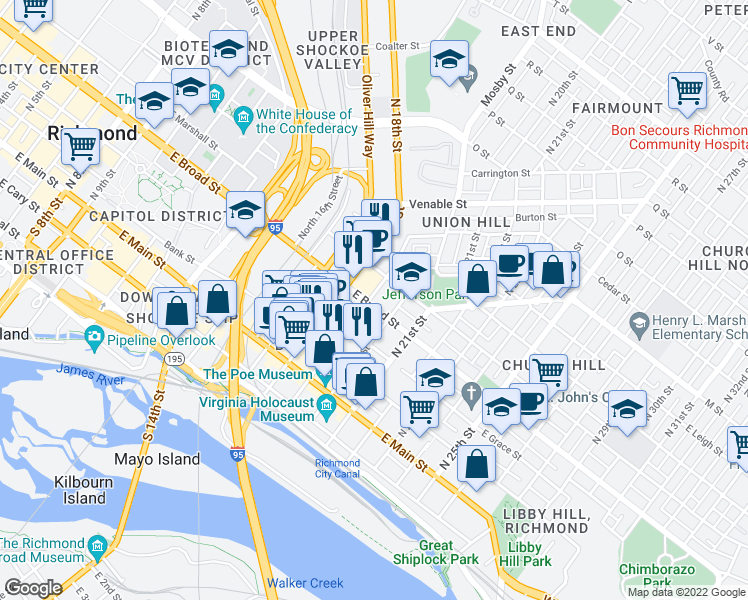 map of restaurants, bars, coffee shops, grocery stores, and more near 303 Cedar Street in Richmond