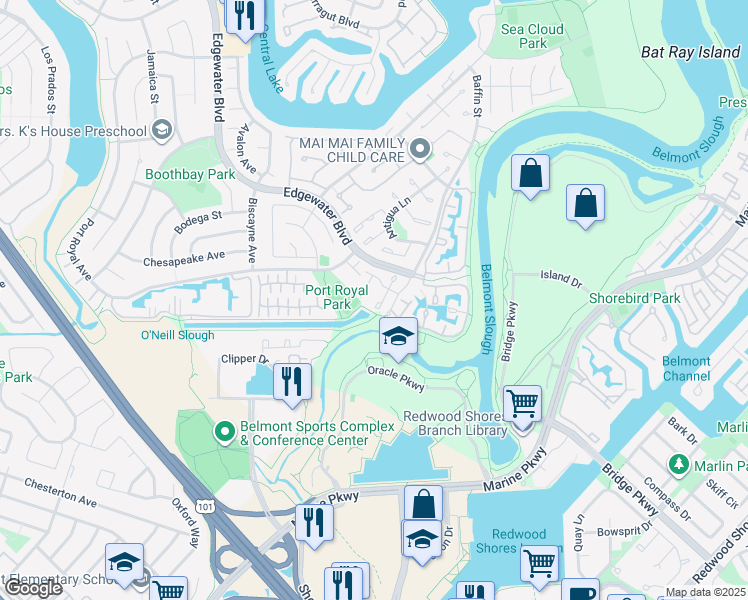 map of restaurants, bars, coffee shops, grocery stores, and more near 26 Binnacle Lane in Foster City
