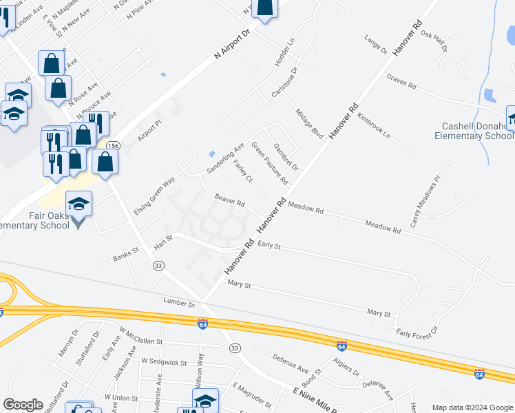 map of restaurants, bars, coffee shops, grocery stores, and more near 1926 Beaver Road in Highland Springs