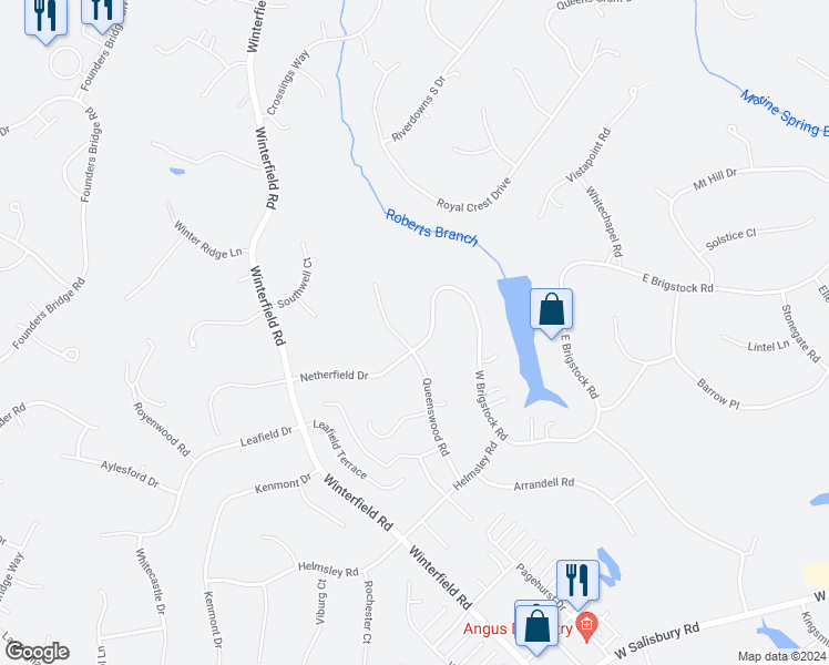 map of restaurants, bars, coffee shops, grocery stores, and more near 2901 Queenswood Road in Midlothian