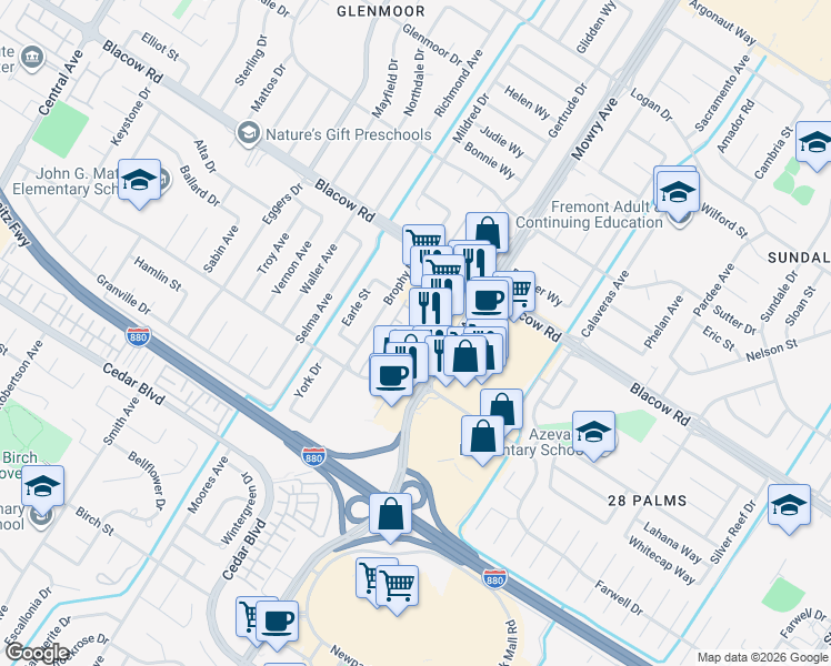 map of restaurants, bars, coffee shops, grocery stores, and more near 38822 Farwell Drive in Fremont
