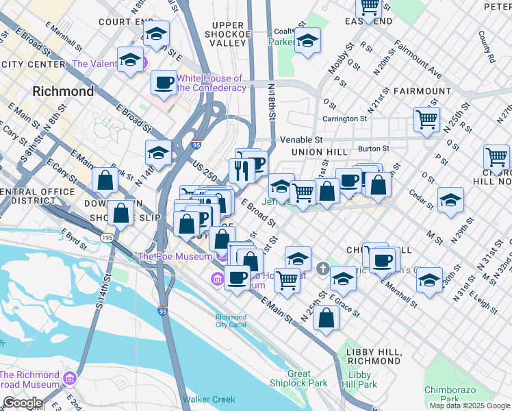 map of restaurants, bars, coffee shops, grocery stores, and more near 303 Cedar Street in Richmond