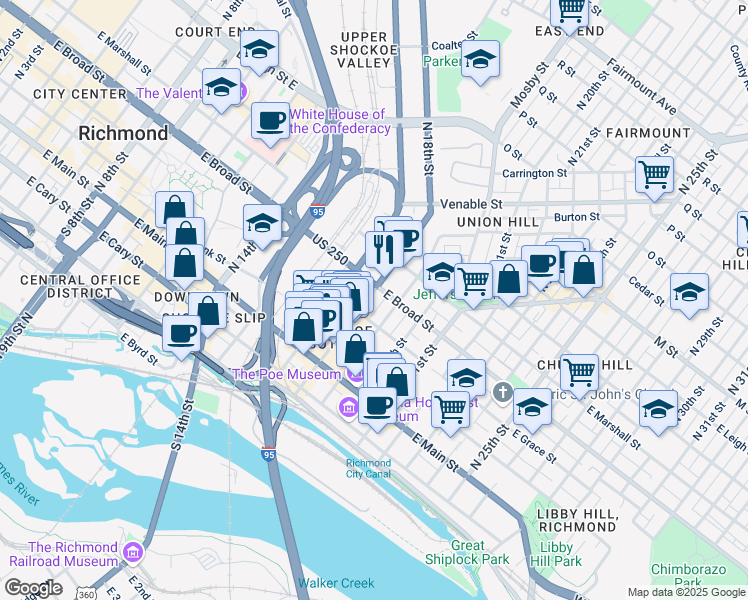 map of restaurants, bars, coffee shops, grocery stores, and more near 215 North 18th Street in Richmond