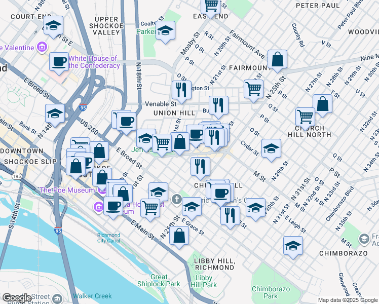 map of restaurants, bars, coffee shops, grocery stores, and more near 2222 Jefferson Avenue in Richmond