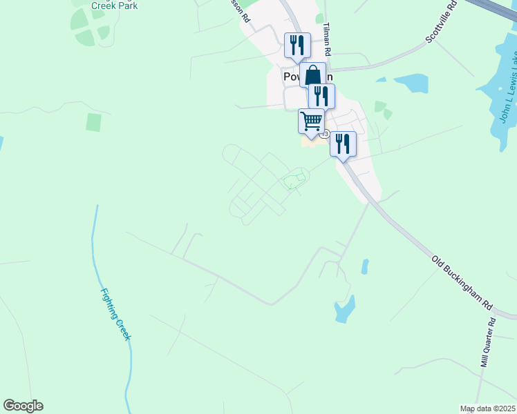 map of restaurants, bars, coffee shops, grocery stores, and more near 2077 Bienvenue Place in Powhatan