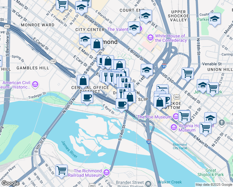 map of restaurants, bars, coffee shops, grocery stores, and more near 104 Shockoe Slip in Richmond