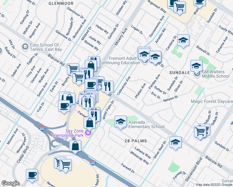 map of restaurants, bars, coffee shops, grocery stores, and more near 4899 Calaveras Avenue in Fremont
