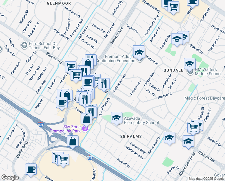 map of restaurants, bars, coffee shops, grocery stores, and more near 4899 Calaveras Avenue in Fremont