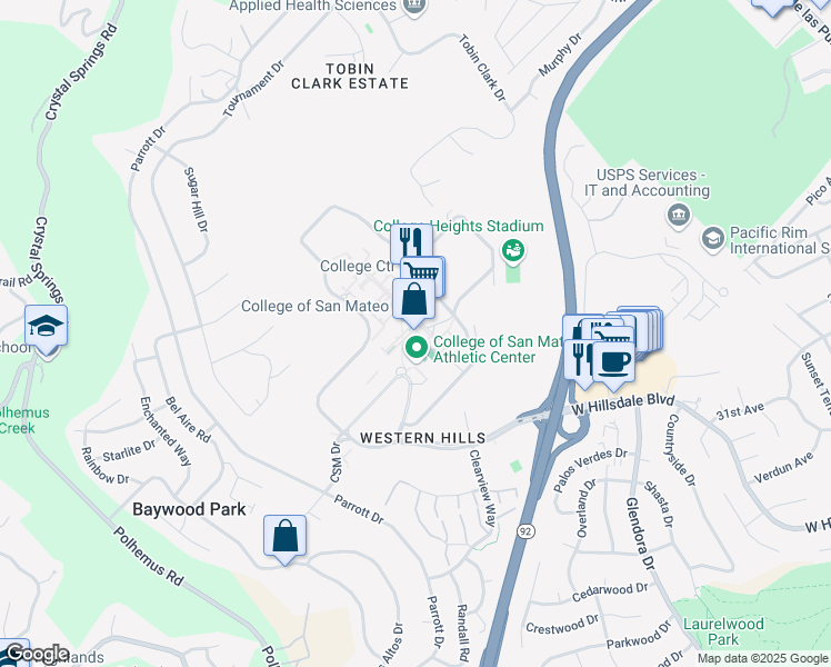 map of restaurants, bars, coffee shops, grocery stores, and more near 1700 West Hillsdale Boulevard in San Mateo
