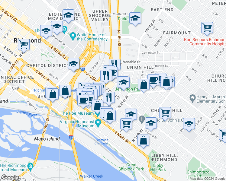 map of restaurants, bars, coffee shops, grocery stores, and more near 305 Cedar Street in Richmond