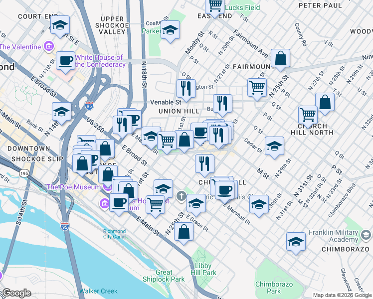 map of restaurants, bars, coffee shops, grocery stores, and more near 2225 East Clay Street in Richmond