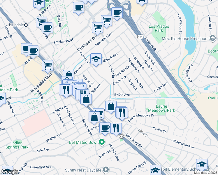 map of restaurants, bars, coffee shops, grocery stores, and more near 3926 Orinda Drive in San Mateo