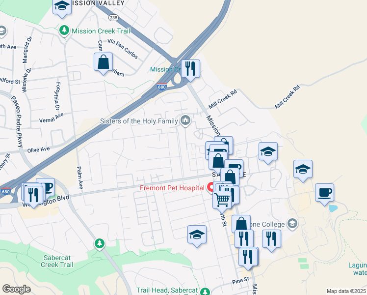 map of restaurants, bars, coffee shops, grocery stores, and more near 401 Emerson Street in Fremont