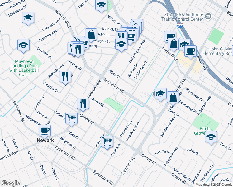 map of restaurants, bars, coffee shops, grocery stores, and more near 6272 Civic Terrace Avenue in Newark