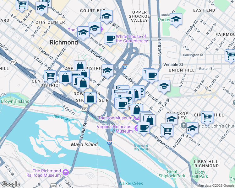 map of restaurants, bars, coffee shops, grocery stores, and more near 1500 East Main Street in Richmond