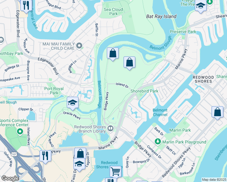 map of restaurants, bars, coffee shops, grocery stores, and more near 1200 Bridge Parkway in Redwood City