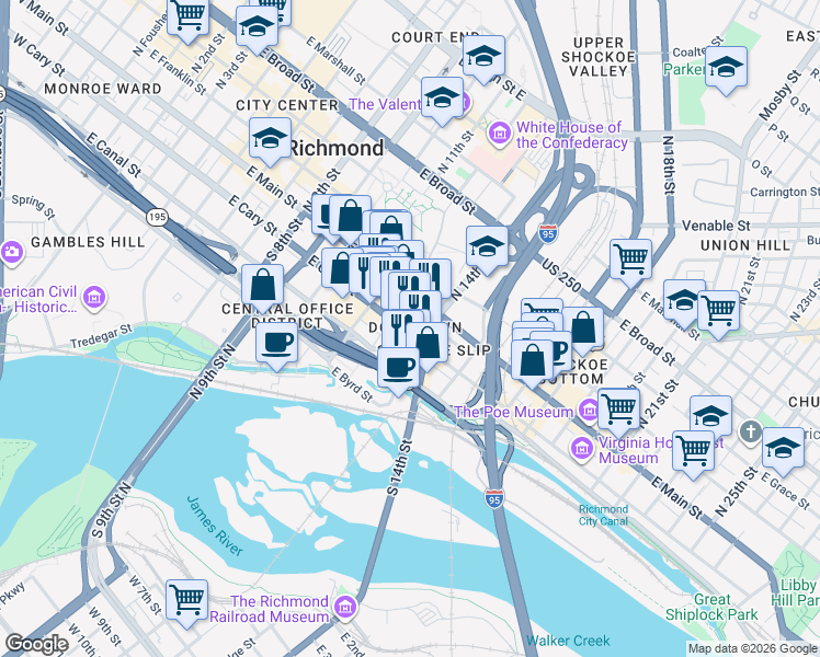 map of restaurants, bars, coffee shops, grocery stores, and more near in Richmond