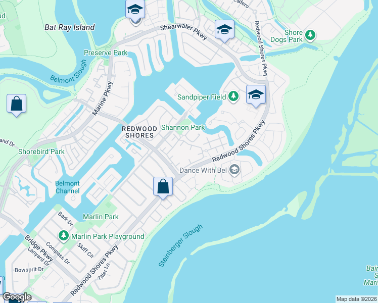 map of restaurants, bars, coffee shops, grocery stores, and more near 550 Shannon Way in Redwood City