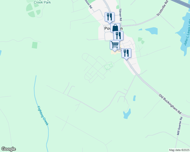 map of restaurants, bars, coffee shops, grocery stores, and more near 2077 Bienvenue Place in Powhatan