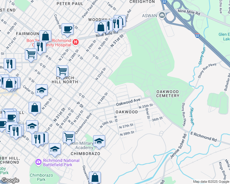 map of restaurants, bars, coffee shops, grocery stores, and more near 3426 S Street in Richmond
