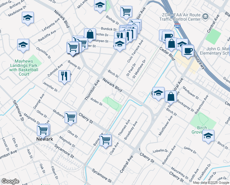 map of restaurants, bars, coffee shops, grocery stores, and more near 6122 Civic Terrace Avenue in Newark