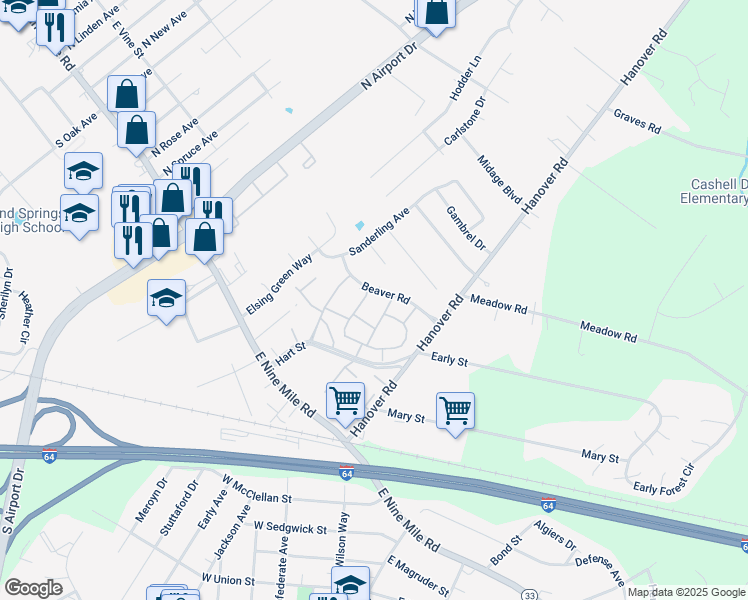 map of restaurants, bars, coffee shops, grocery stores, and more near 1905 Beaver Road in Highland Springs
