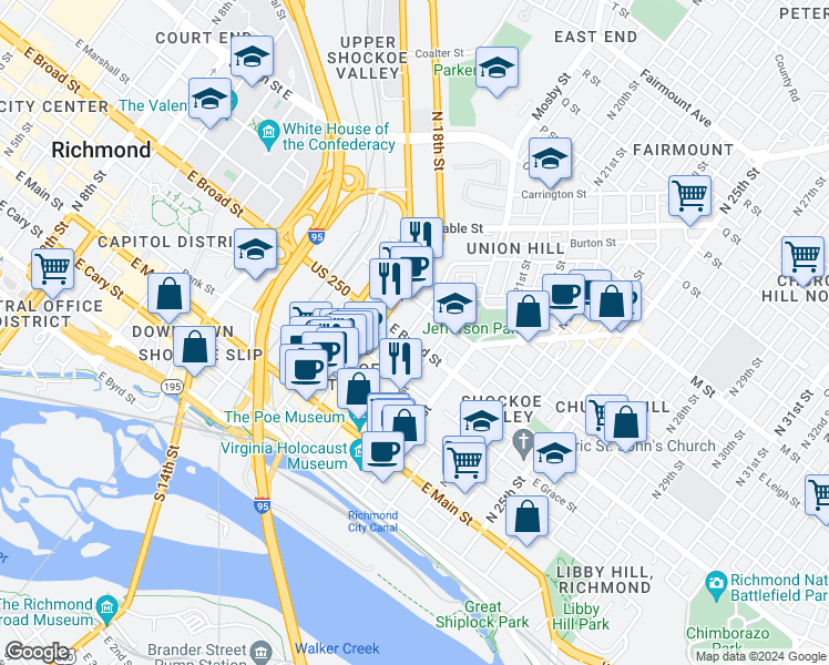 map of restaurants, bars, coffee shops, grocery stores, and more near 305 Cedar Street in Richmond